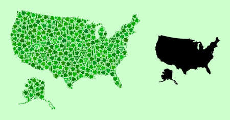 Vector Map of USA and Alaska. Mosaic of green grape leaves, wine bottles. Map of USA and Alaska mosaic designed with bottles, berries, green leaves. Abstract collage designed for political collages.のイラスト素材