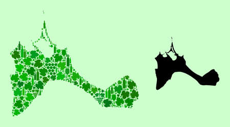 Vector Map of Formentera Island. Mosaic of green grapes, wine bottles. Map of Formentera Island mosaic designed with bottles, grapes, green leaves. Abstract mosaic is designed for political promotion.のイラスト素材