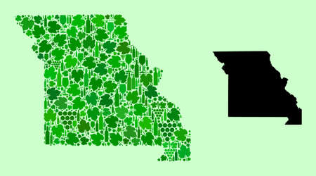 Vector Map of Missouri State. Collage of green grapes, wine bottles. Map of Missouri State mosaic designed from bottles, grapes, green leaves.のイラスト素材