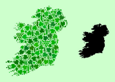 Vector Map of Ireland Island. Composition of green grapes, wine bottles. Map of Ireland Island mosaic designed with bottles, grapes, green leaves.のイラスト素材