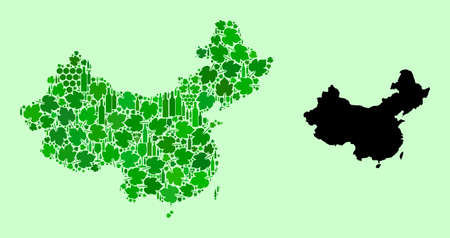 Vector Map of China. Composition of green grapes, wine bottles. Map of China mosaic created from bottles, grapes, green leaves. Abstract mosaic is useful for bars proclamations.のイラスト素材