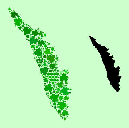 Vector Map of Kerala State. Collage of green grapes, wine bottles. Map of Kerala State collage composed from bottles, grapes, green leaves. Abstract collage is useful for political projects.のイラスト素材