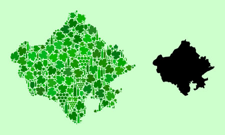 Vector Map of Rajasthan State. Mosaic of green grapes, wine bottles. Map of Rajasthan State mosaic designed from bottles, grapes, green leaves. Abstract mosaic is useful for wine production agitation.のイラスト素材