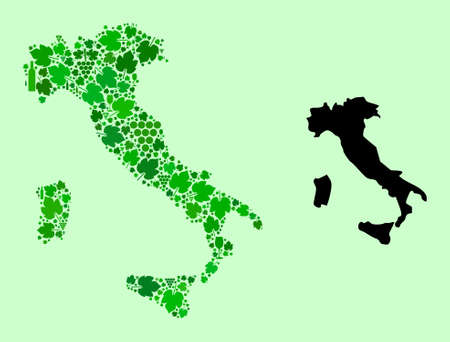 Vector Map of Italy. Mosaic of green grapes, wine bottles. Map of Italy collage created from bottles, grapes, green leaves. Abstract mosaic designed for wine production collages.のイラスト素材