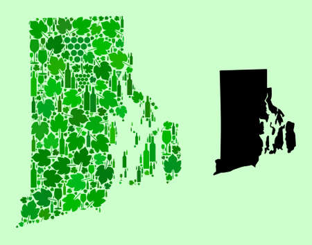 Vector Map of Rhode Island State. Composition of green grape leaves, wine bottles. Map of Rhode Island State collage composed with bottles, berries, green leaves.のイラスト素材