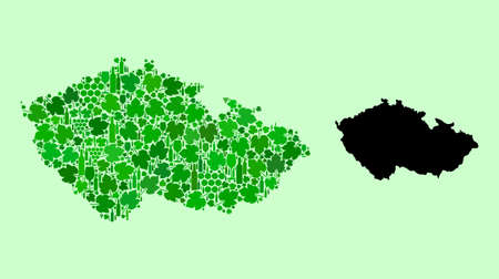 Vector Map of Czech Republic. Mosaic of green grape leaves, wine bottles. Map of Czech Republic collage designed with bottles, berries, green leaves.のイラスト素材