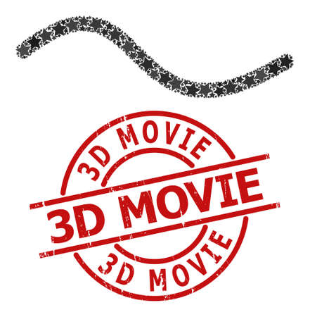 Wave line star pattern and grunge 3D Movie stamp. Red stamp with corroded style and 3D Movie phrase inside circle. Abstract wave line collage is composed with scattered flat star icons.のイラスト素材
