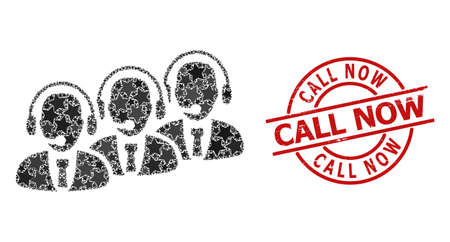 Call center staff star pattern and grunge Call Now seal stamp. Red stamp with unclean surface and Call Now caption inside circle.のイラスト素材