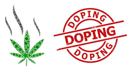 Cannabis smoke star mosaic and grunge Doping stamp. Red watermark with grunge texture and Doping phrase inside circle. Abstract cannabis smoke mosaic is organized with scattered flat star icons.のイラスト素材
