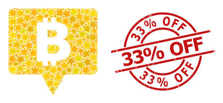 Bitcoin banner star mosaic and grunge 33% Off seal stamp. Red stamp with corroded style and 33% Off...