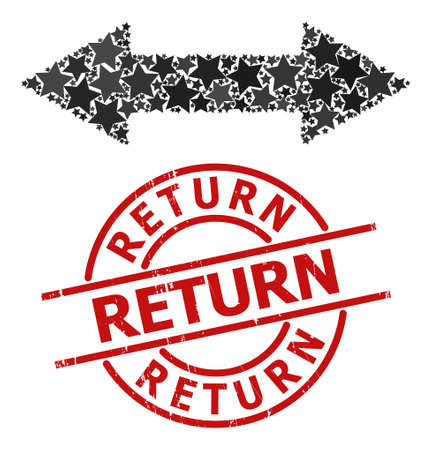 Horizontal exchange arrow star pattern and grunge Return seal. Red seal with grunge surface and Return phrase inside circle.のイラスト素材