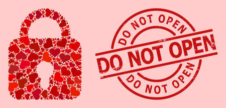 Scratched Do Not Open stamp seal, and red love heart pattern for lock. Red round stamp seal has Do Not Open title inside circle. Lock mosaic is designed of red wedding icons.のイラスト素材