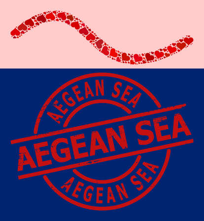 Scratched Aegean Sea stamp, and red love heart mosaic for wave line. Red round stamp seal includes Aegean Sea tag inside circle. Wave line mosaic is composed with red romantic icons.のイラスト素材