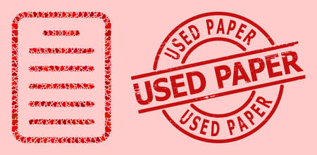 Distress Used Paper stamp seal, and red love heart collage for text page. Red round seal has Used Paper tag inside circle. Text page collage is done from red dating elements.のイラスト素材