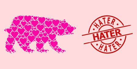 Scratched Hater stamp seal, and pink love heart pattern for bear. Red round stamp seal includes...