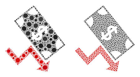 Vector covid-2019 mosaic dollar down trend done for lockdown illustrations. Mosaic dollar down trend is based on icon and it is formed from biological hazard covid-2019 infection icons.のイラスト素材