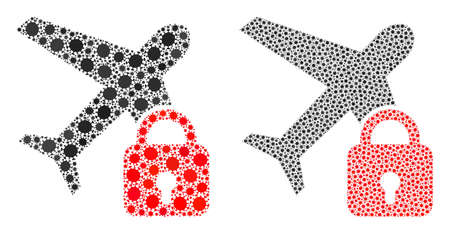 Vector covid mosaic locked airplane created for doctor projects. Mosaic locked airplane is based on icon and it is organized with biohazard covid viral items.のイラスト素材