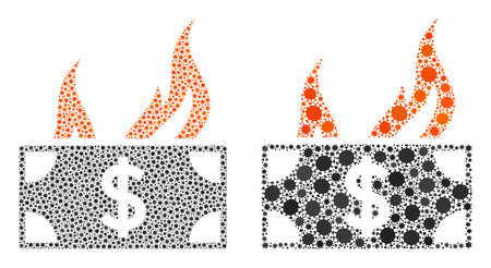 Vector covid mosaic burn dollar bill designed for vaccination illustrations. Mosaic burn dollar bill is based on icon and it is done with biological hazard covid-2019 viral items.のイラスト素材