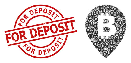 Red round seal has For Deposit caption inside circle. Vector bitcoin map pointer mosaic is constructed of random recursive bitcoin map pointer pictograms. Textured For Deposit stamp seal,のイラスト素材