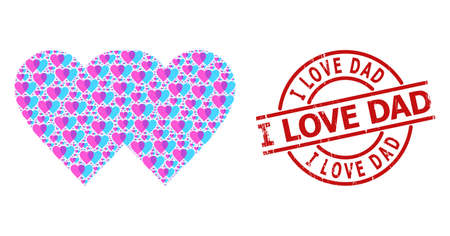 Red round stamp seal contains I Love Dad title inside circle. Vector lovely hearts fractal is composed of random fractal lovely hearts items. Distress I Love Dad stamp seal,のイラスト素材