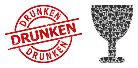 Red round seal includes Drunken tag inside circle. Vector wine glass fractal is composed of randomized itself wine glass elements. Scratched Drunken seal, and wine glass icon recursive composition.のイラスト素材