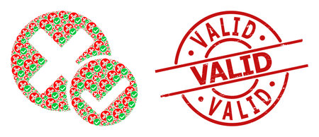 Red round seal has Valid text inside circle. Vector true negative collage is composed with repeating fractal true negative parts. Distress Valid stamp, and true negative icon recursion collage.のイラスト素材