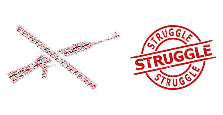 Red round badge includes Struggle caption inside circle. Vector stop kalashnikov gun mosaic is done from random recursive stop kalashnikov gun icons. Scratched Struggle badge,のイラスト素材