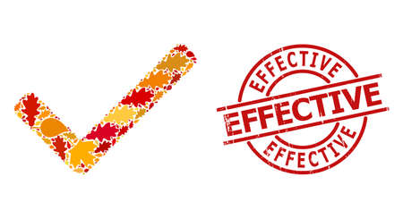 Accept Tick collage icon created for fall season, and Effective corroded seal. Vector accept tick mosaic is composed with randomized fall maple and oak leaves.のイラスト素材