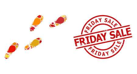Human Footprints Trail mosaic icon designed for fall season, and Friday Sale rubber seal. Vector human footprints trail mosaic is shaped from random fall maple and oak leaves.のイラスト素材