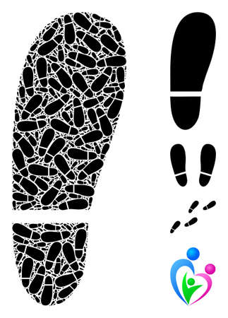 Vector human foot print collage is made from random itself human foot print elements. Recursive collage from human foot print.のイラスト素材