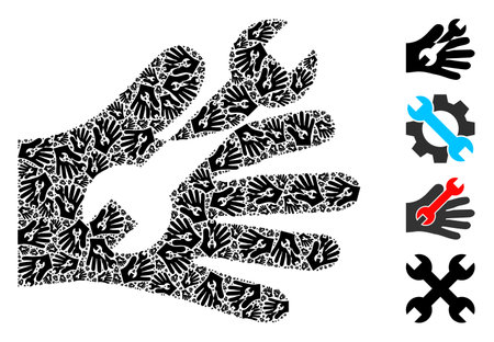Vector wrench service hand fractal is constructed of random recursive wrench service hand pictograms. Fractal mosaic of wrench service hand.のイラスト素材