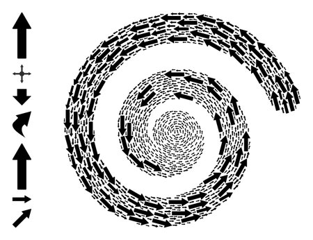 Arrow icon spiral collage. Arrow icons are united into cycle vector illustration. Element cycle done from scattered arrow icons. Some additional icons are pictured.のイラスト素材