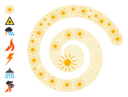 Sun icon spiral curl collage. Sun icons are formed into twirl vector illustration. Object whirlpool is designed from scatter sun symbols. Some similar icons are designed.のイラスト素材