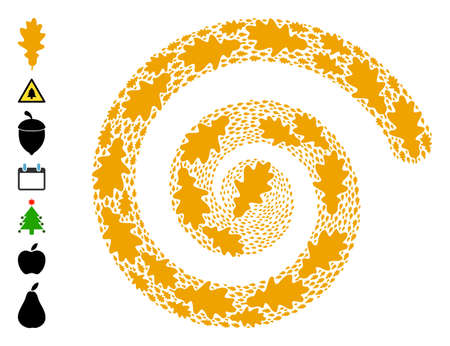 Oak leaf icon spiral curl mosaic. Oak leaf icons are formed into cycle mosaic structure. Object curl is designed from randomly allocated oak leaf symbols. Some additional icons are pictured.のイラスト素材