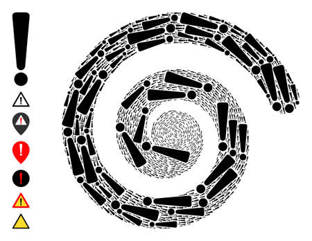 Exclamation sign icon spiral swirl mosaic. Exclamation sign icons are formed into cycle mosaic structure. Object spiral organized from random exclamation sign icons. Some other icons are attached.のイラスト素材