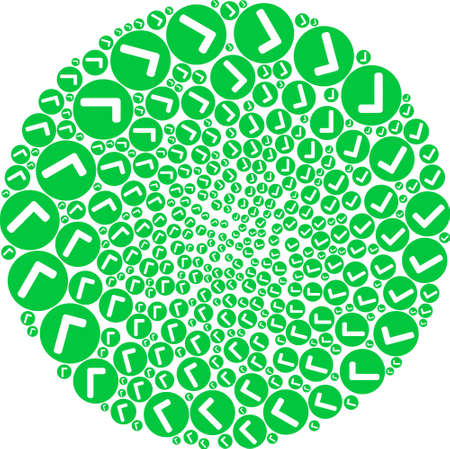 Yes mark icon twirl spheric composition. Yes mark items are formed into spheric curl mosaic structure. Abstraction round cluster mosaic combined from regular yes mark items.のイラスト素材