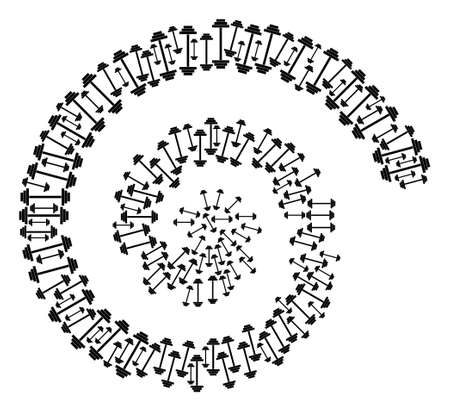 Barbell icon spiral spin mosaic. Barbell symbols are grouped into twist mosaic structure. Abstraction cycle is combined from randomized barbell symbols.のイラスト素材
