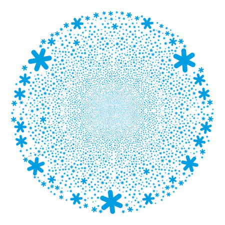 Simple snowflake exploding spheric cluster. Object pattern is done from random simple snowflake icons as festive globula. Abstract spheric globula collage is created from simple snowflake items.のイラスト素材