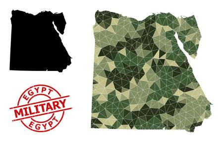 Low-Poly mosaic map of Egypt, and rubber military stamp print. Low-poly map of Egypt combined of randomized camouflage filled triangles. Red round stamp for military and army concept illustrations,のイラスト素材
