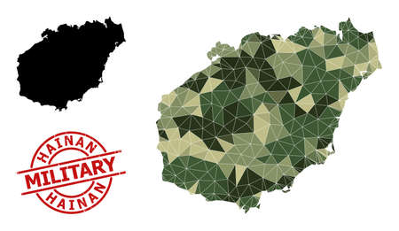 Low-Poly mosaic map of Hainan Island, and scratched military stamp imitation. Low-poly map of Hainan Island constructed with randomized camo color triangles.のイラスト素材