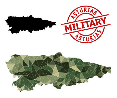 Low-Poly mosaic map of Asturias Province, and scratched military stamp print. Low-poly map of Asturias Province designed with chaotic camo colored triangles.のイラスト素材