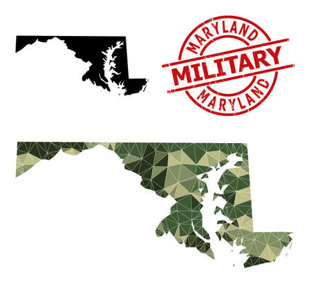 Low-Poly mosaic map of Maryland State, and rough military stamp. Low-poly map of Maryland State is constructed of chaotic camo colored triangles.のイラスト素材