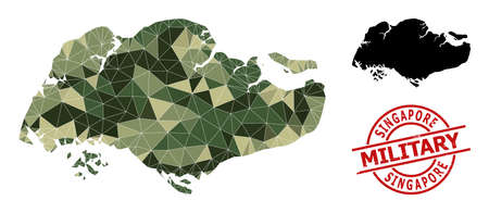 Lowpoly mosaic map of Singapore, and textured military stamp imitation. Lowpoly map of Singapore is designed from random camouflage filled triangles.のイラスト素材
