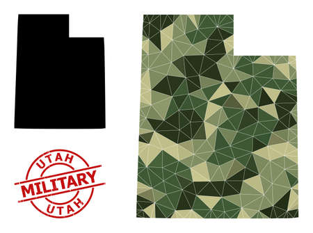 Low-Poly mosaic map of Utah State, and rubber military rubber seal. Low-poly map of Utah State is designed from chaotic camouflage filled triangles.のイラスト素材