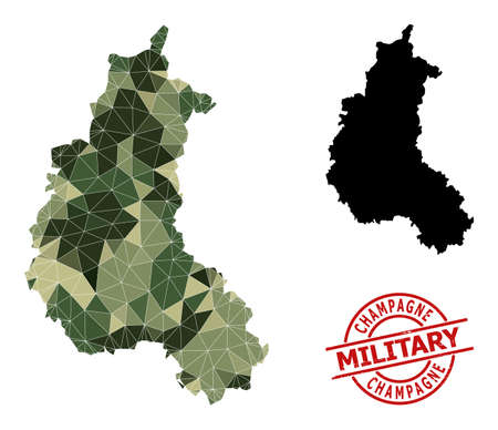 Lowpoly mosaic map of Champagne Province, and rough military stamp. Lowpoly map of Champagne Province combined of scattered khaki colored triangles.のイラスト素材