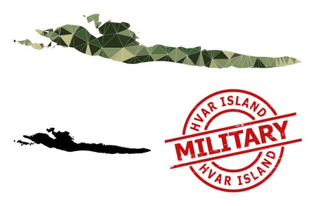 Low-Poly mosaic map of Hvar Island, and textured military rubber seal. Low-poly map of Hvar Island is designed from randomized camouflage colored triangles.のイラスト素材
