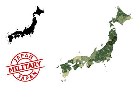 Low-Poly mosaic map of Japan, and unclean military seal. Low-poly map of Japan is constructed of scattered camouflage color triangles. Red round stamp for military and army abstract illustrations,のイラスト素材