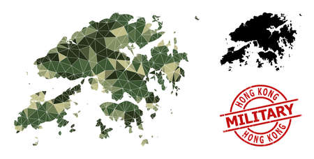 Triangle mosaic map of Hong Kong, and textured military stamp imitation. Lowpoly map of Hong Kong combined of random camo colored triangles.のイラスト素材