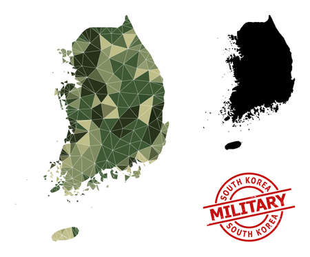 Low-Poly mosaic map of South Korea, and scratched military stamp imitation. Low-poly map of South Korea constructed from random khaki filled triangles.のイラスト素材