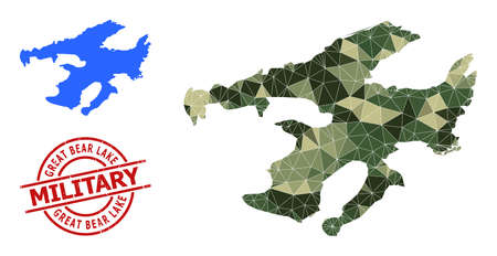 Polygonal mosaic map of Great Bear Lake, and grunge military stamp imitation. Low-poly map of Great Bear Lake combined from chaotic khaki colored triangles.のイラスト素材